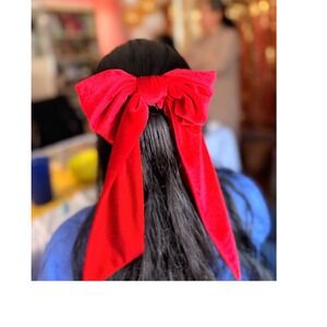 Set of 2 Velvet Hair Bow Barrettes Red Cream White Oversized Long Tail Clips